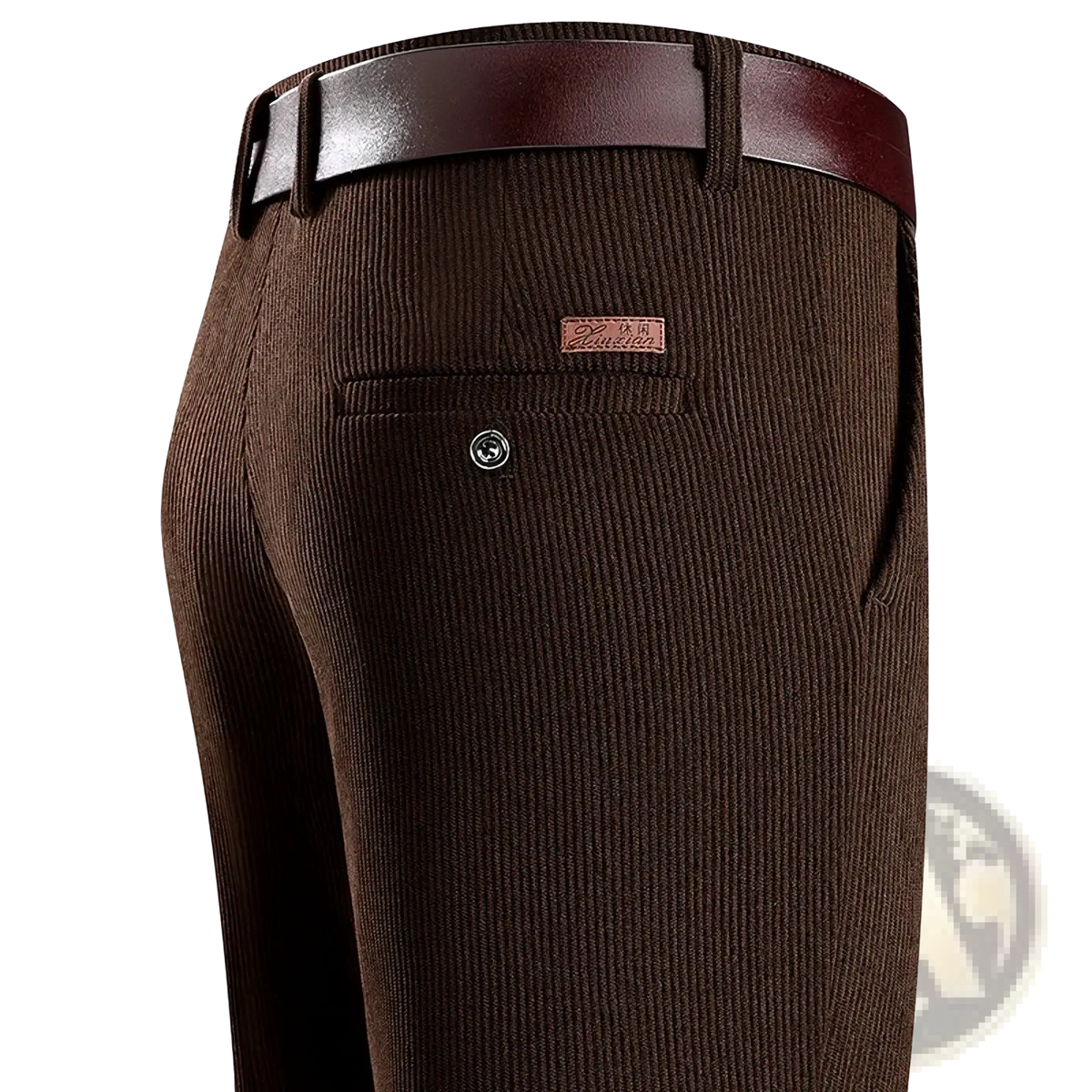 Brown corduroy men corduroy business casual pants with a matching belt showcasing a stylish textured fabric design