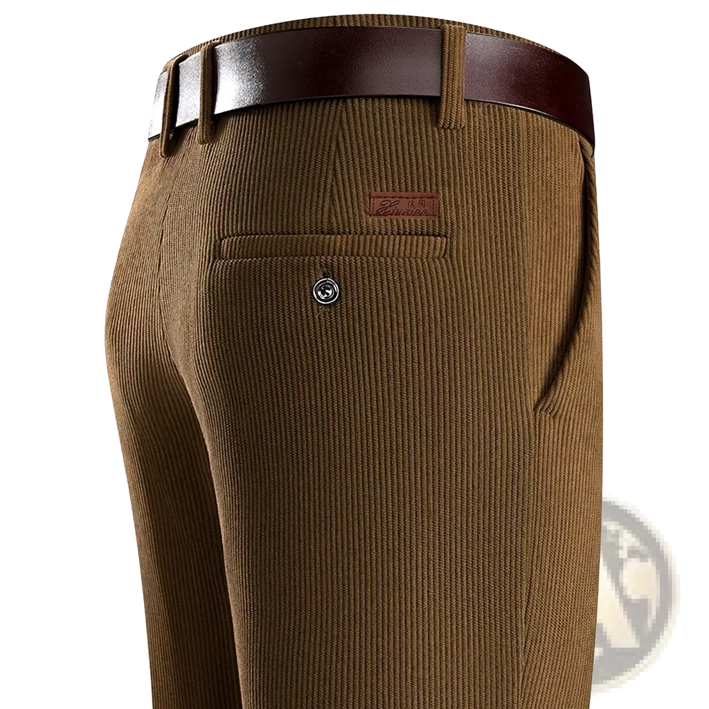 Men corduroy business casual pants in brown with subtle ribbed texture and matching leather belt shown from the back side