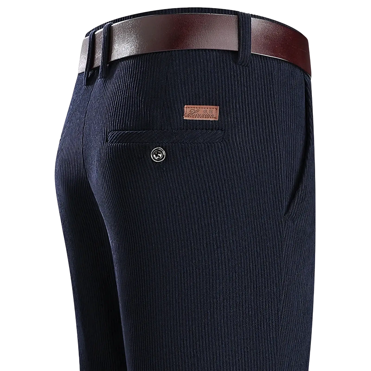 Dark blue corduroy business casual pants for men shown from the back with a brown leather belt and brand patch