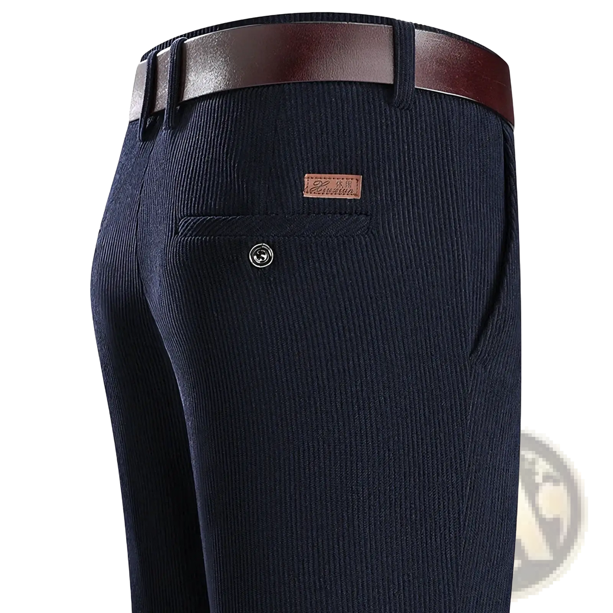 Dark blue corduroy business casual pants for men shown from the back with a brown leather belt and brand patch