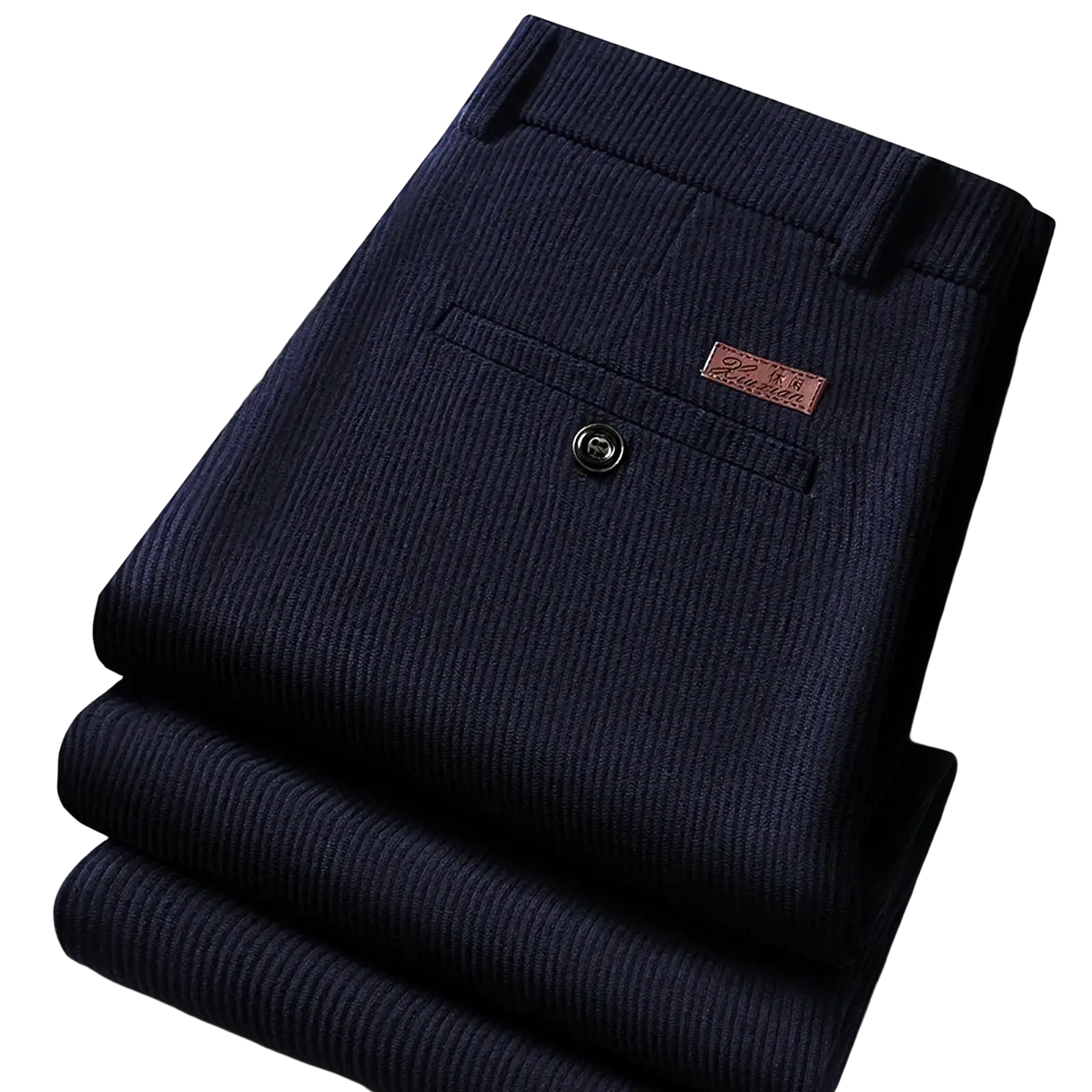 Men corduroy business casual pants in dark navy with subtle ribbed texture and small brown leather patch on front pocket