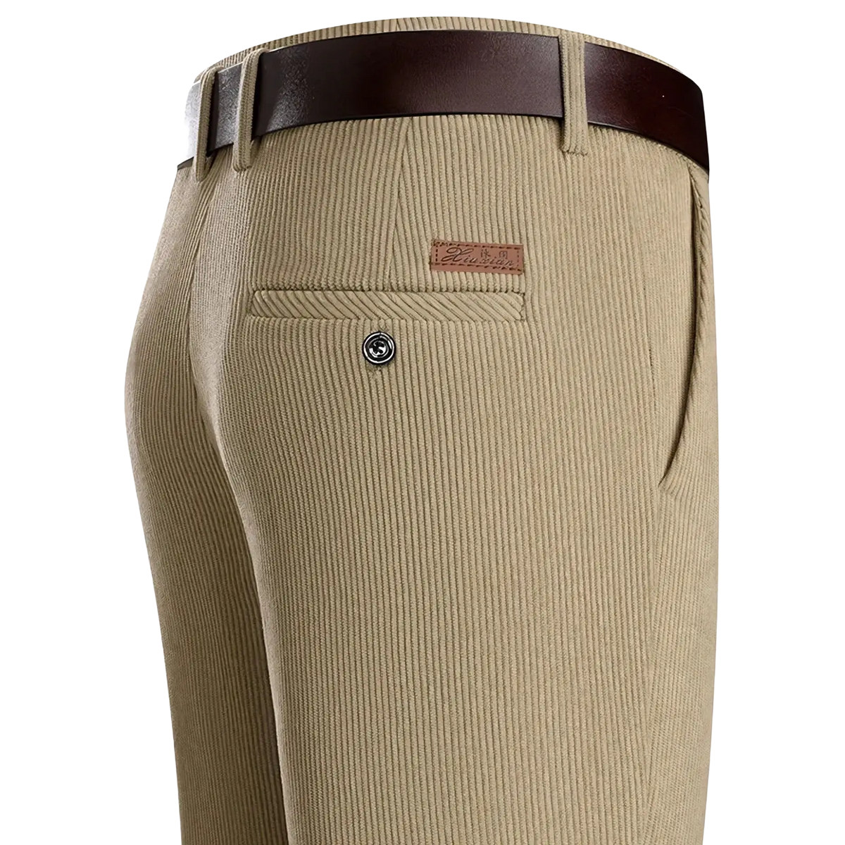Men corduroy business casual pants shown from the back in khaki with a brown leather belt and a brand patch