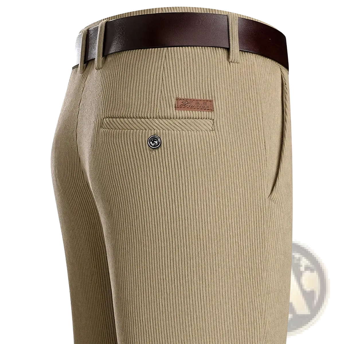 Men corduroy business casual pants shown from the back in khaki with a brown leather belt and a brand patch