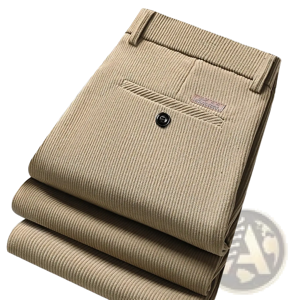 Beige men corduroy business casual pants with subtle ribbed texture and small brand label on front pocket