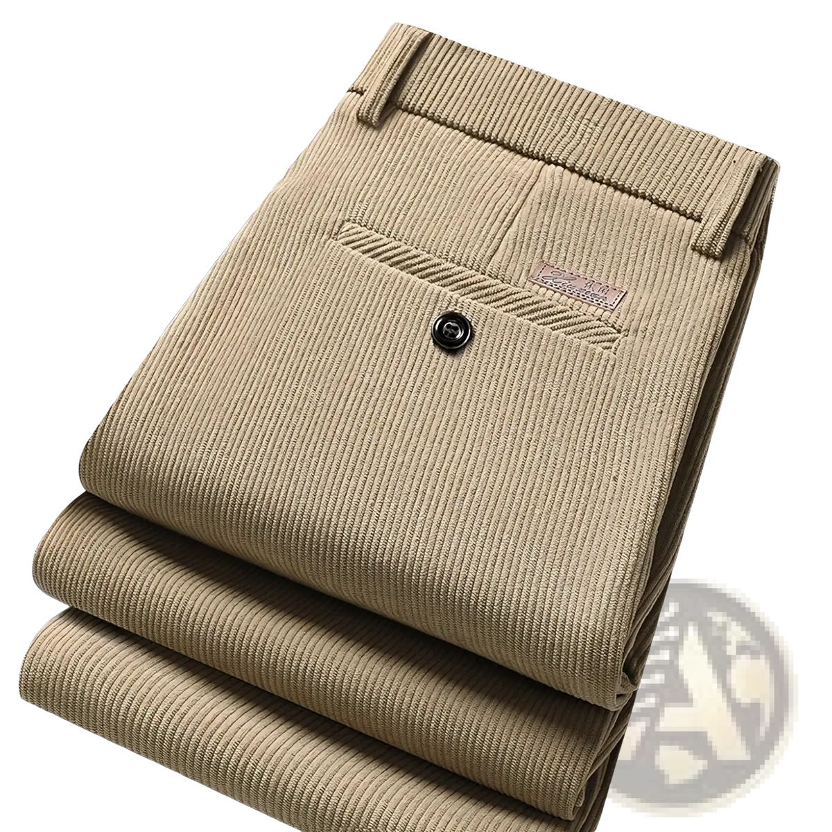 Beige men corduroy business casual pants with subtle ribbed texture and small brand label on front pocket