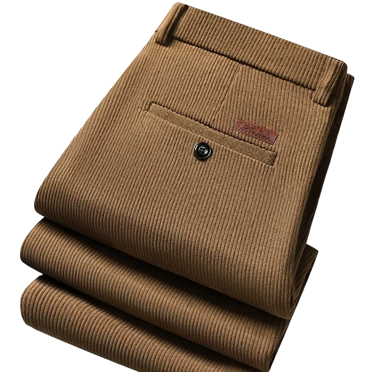 Men corduroy business casual pants in tan with ribbed texture and small brown leather patch on front pocket