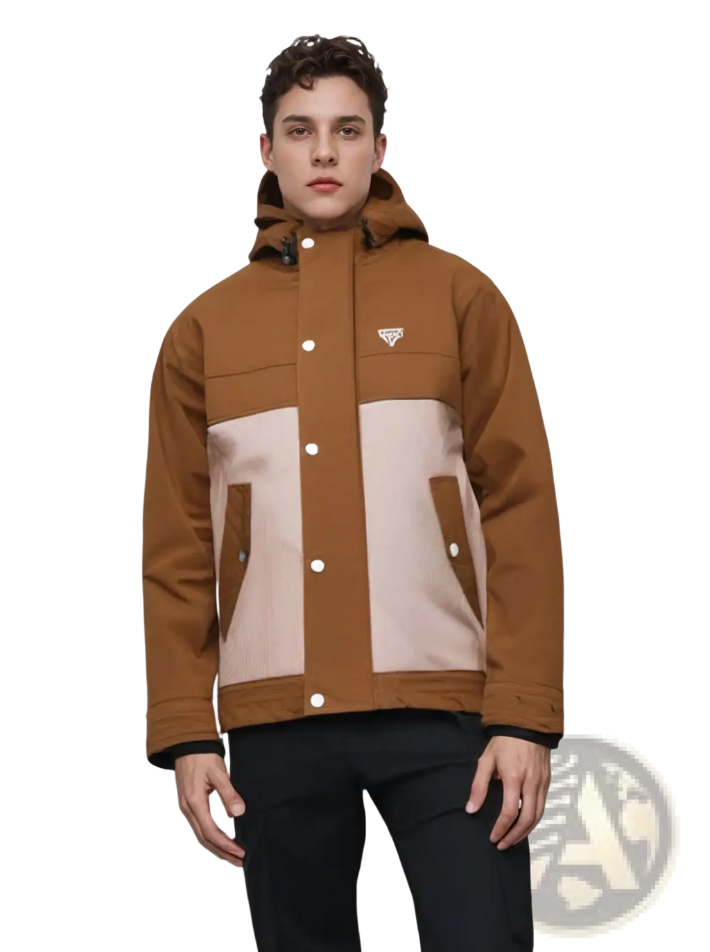 Men corduroy canvas hooded jacket in brown and beige with contrasting panels white buttons and Prada logo on chest