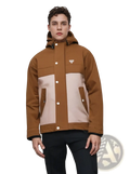Men corduroy canvas hooded jacket in brown and beige with contrasting panels white buttons and Prada logo on chest