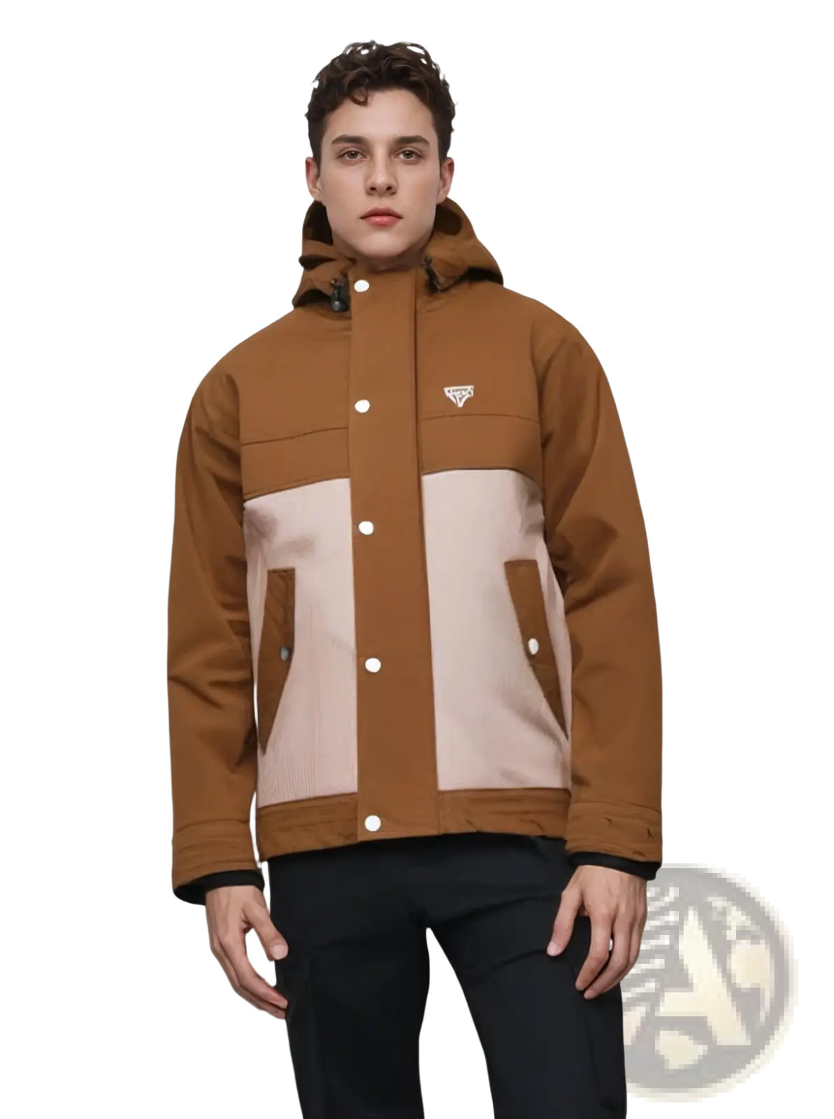 Men corduroy canvas hooded jacket in brown and beige with contrasting panels white buttons and Prada logo on chest