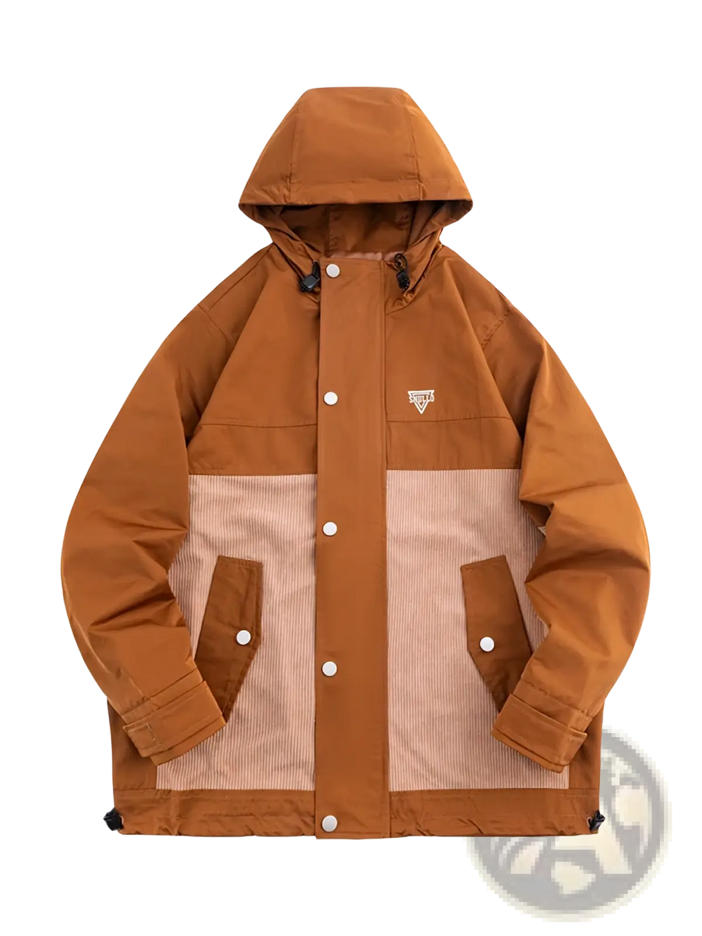Men corduroy canvas hooded jacket in tan with contrasting beige corduroy panels and white snap buttons