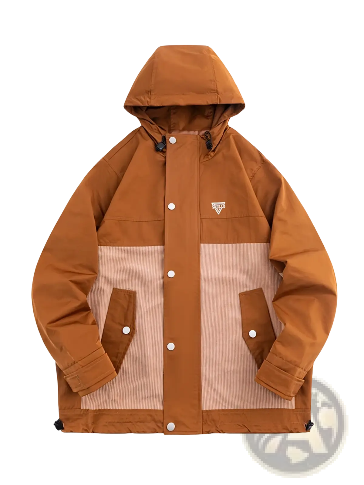 Men corduroy canvas hooded jacket in tan with contrasting beige corduroy panels and white snap buttons