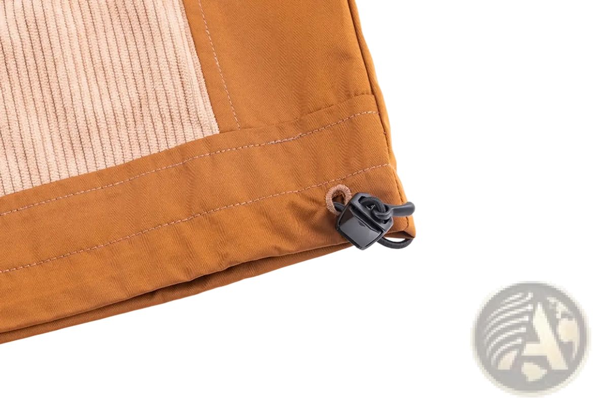 Men corduroy canvas hooded jacket in tan fabric featuring a black plastic toggle closure for adjustable fit