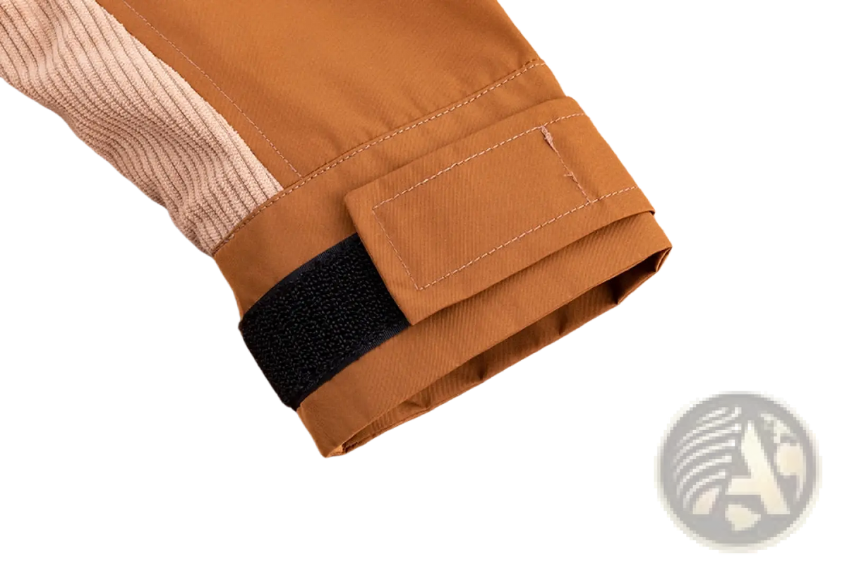 Men corduroy canvas hooded jacket sleeve in tan with black elastic strap and white button accents visible