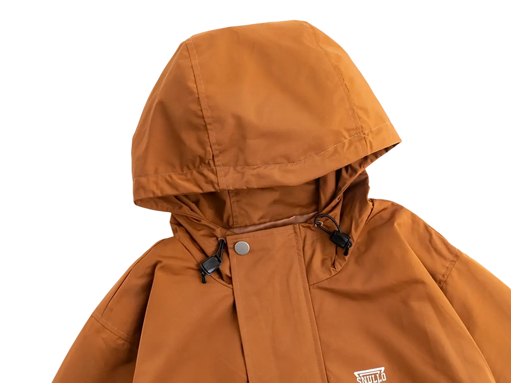 Men corduroy canvas hooded jacket in tan with drawstring hood snap closure and subtle chest branding