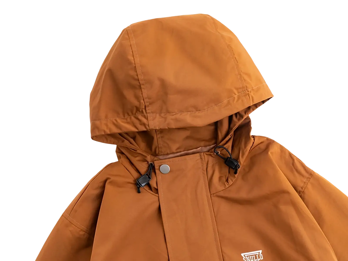 Men corduroy canvas hooded jacket in tan with drawstring hood snap closure and subtle chest branding