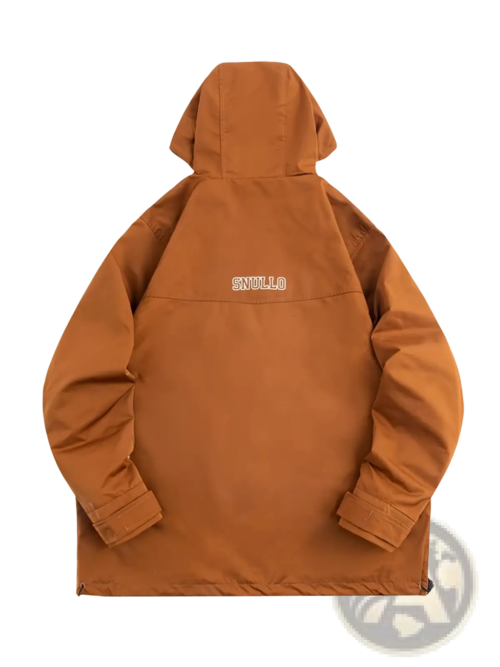 Back side of a men corduroy canvas hooded jacket in tan with white embroidered branding on the back