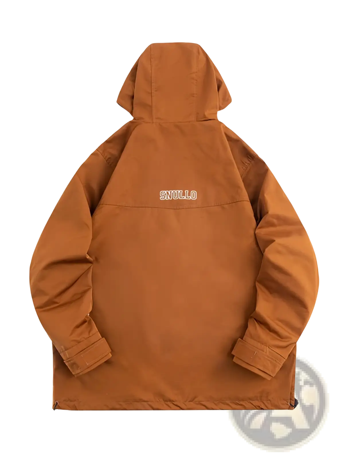 Back side of a men corduroy canvas hooded jacket in tan with white embroidered branding on the back