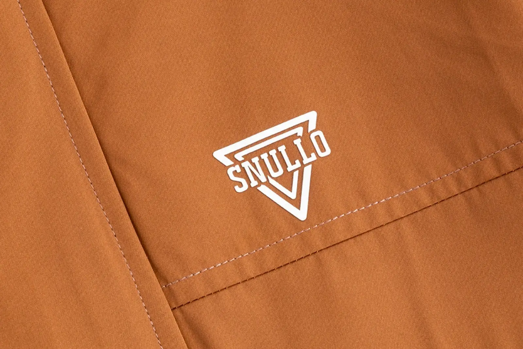 Men corduroy canvas hooded jacket with white embroidered snullo logo in triangular design on rust-colored fabric back side
