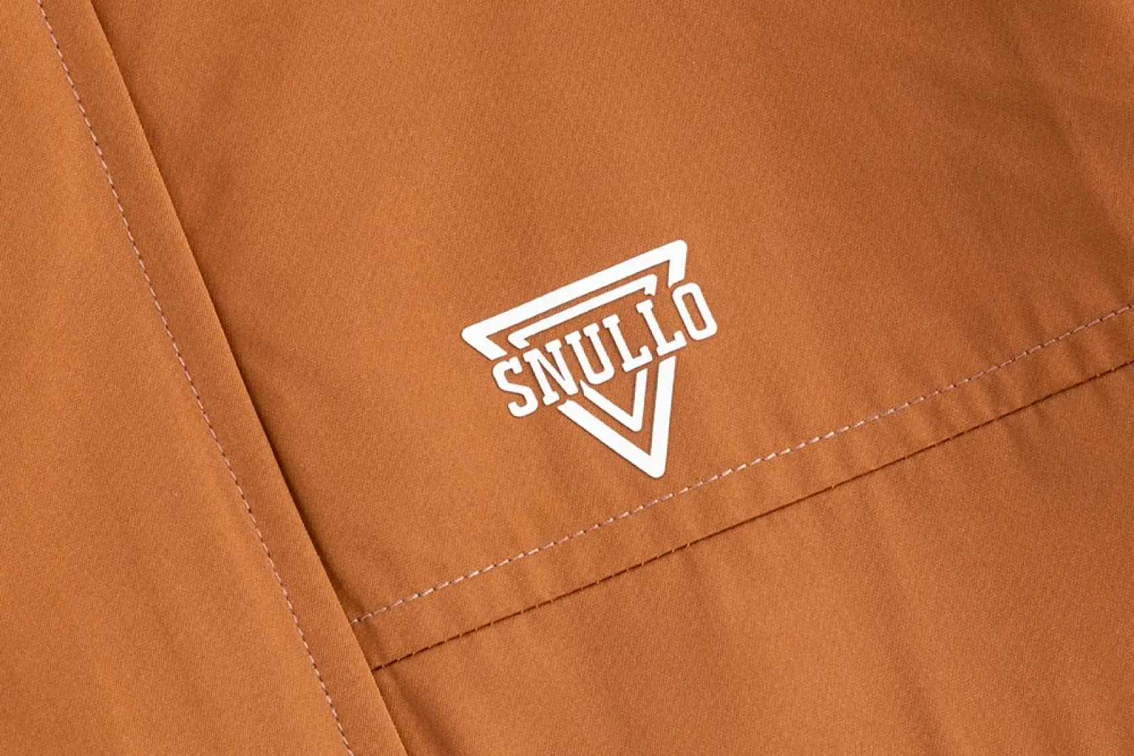 Men corduroy canvas hooded jacket with white embroidered snullo logo in triangular design on rust-colored fabric back side