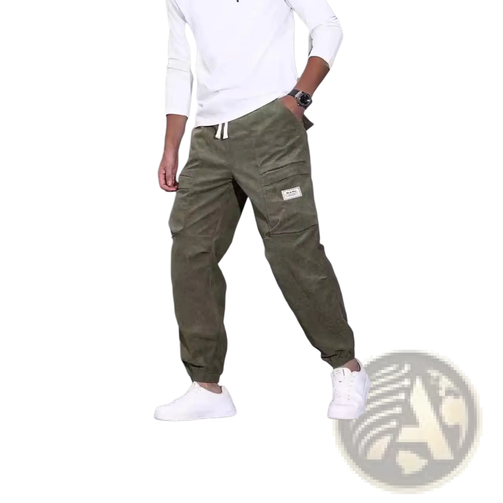 Men corduroy cargo pants in olive green with multiple pockets and a white drawstring waistband for casual wear