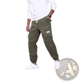Men corduroy cargo pants in olive green with multiple pockets and a white drawstring waistband for casual wear