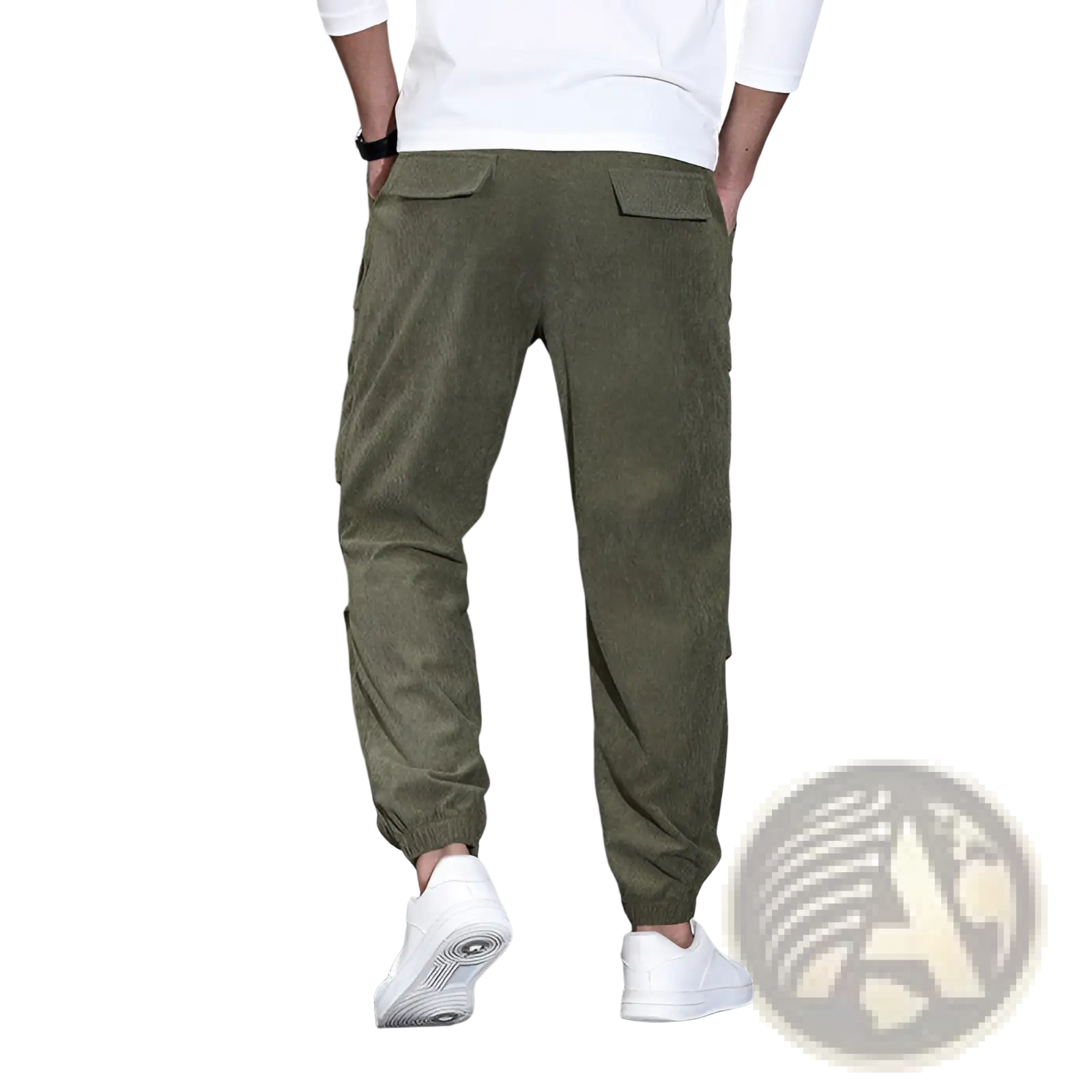 Men corduroy cargo pants in olive green with elastic cuffs and multiple side pockets for casual wear