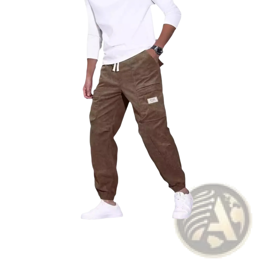 Men corduroy brown cargo pants with multiple pockets and loose fit drawstring waistband for casual wear