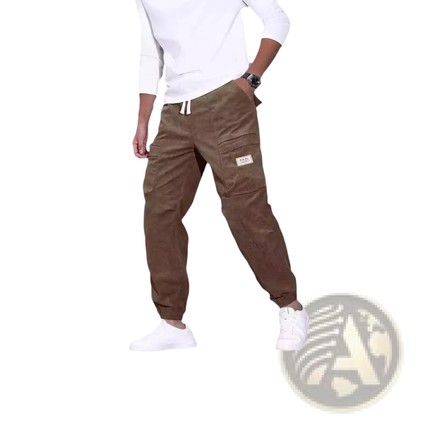 Men corduroy brown cargo pants with multiple pockets and loose fit drawstring waistband for casual wear