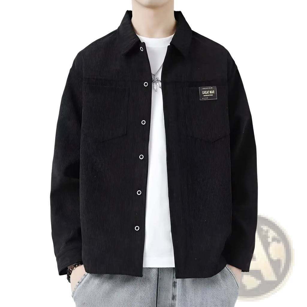Men corduroy casual long sleeve shirt in black with white buttons and a black patch on the left chest