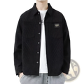 Men corduroy casual long sleeve shirt in black with white buttons and a black patch on the left chest