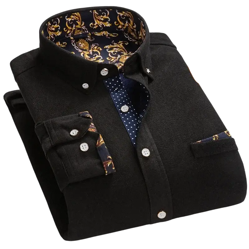 Black corduroy male winter long sleeve shirt with gold navy ornate inner collar cuffs and pocket lining two sizes smaller
