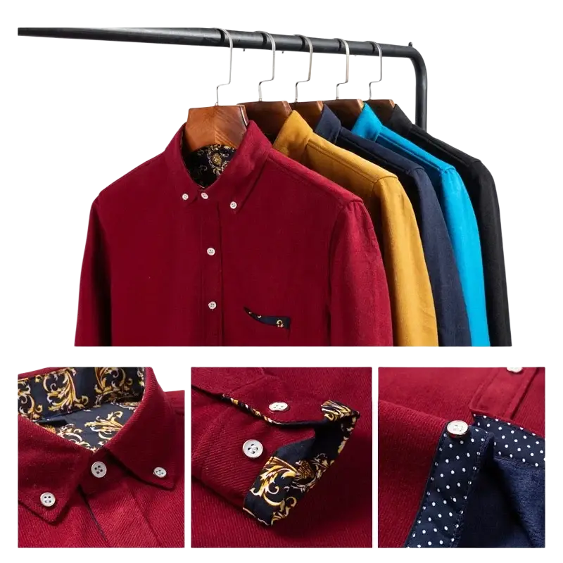 Men corduroy casual long sleeve shirt in rich burgundy with ornate gold lining and navy polka-dot accents for male winter wear