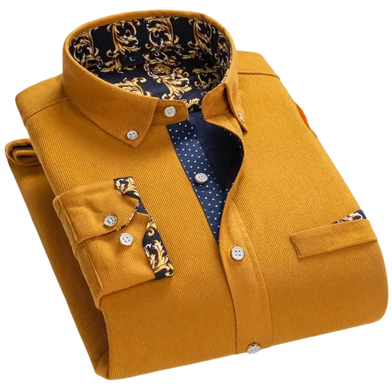 Men corduroy casual long sleeve shirt in mustard yellow with navy blue and gold ornate lining for male winter wear