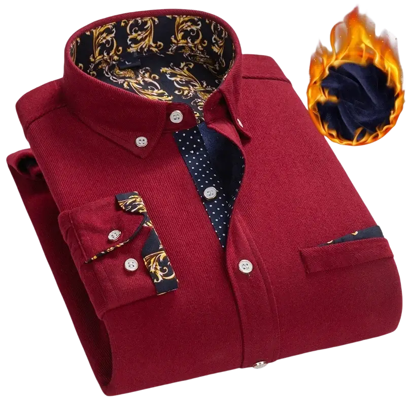 Men corduroy casual long sleeve shirt in rich burgundy with ornate black and gold lining for male winter streetwear