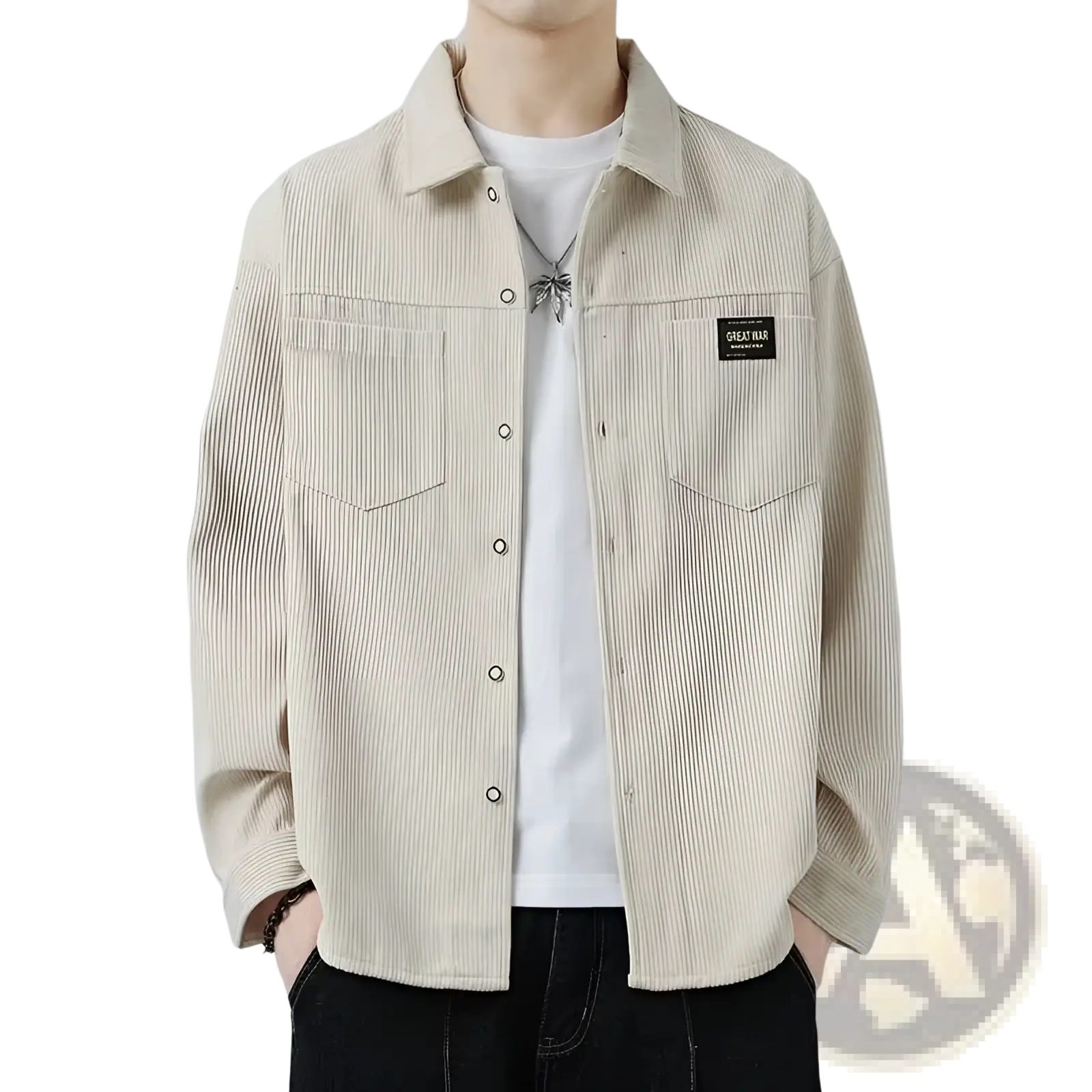 Men corduroy casual long sleeve shirt in beige with vertical ribbed texture and black great war patch on left chest
