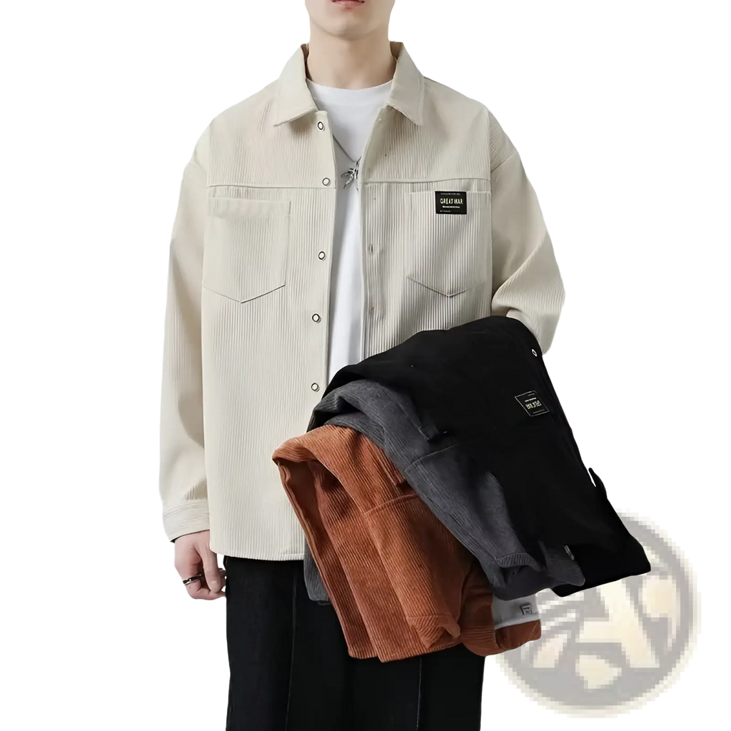 Men corduroy casual long sleeve shirt in beige with vertical ribbed texture and black chest patch