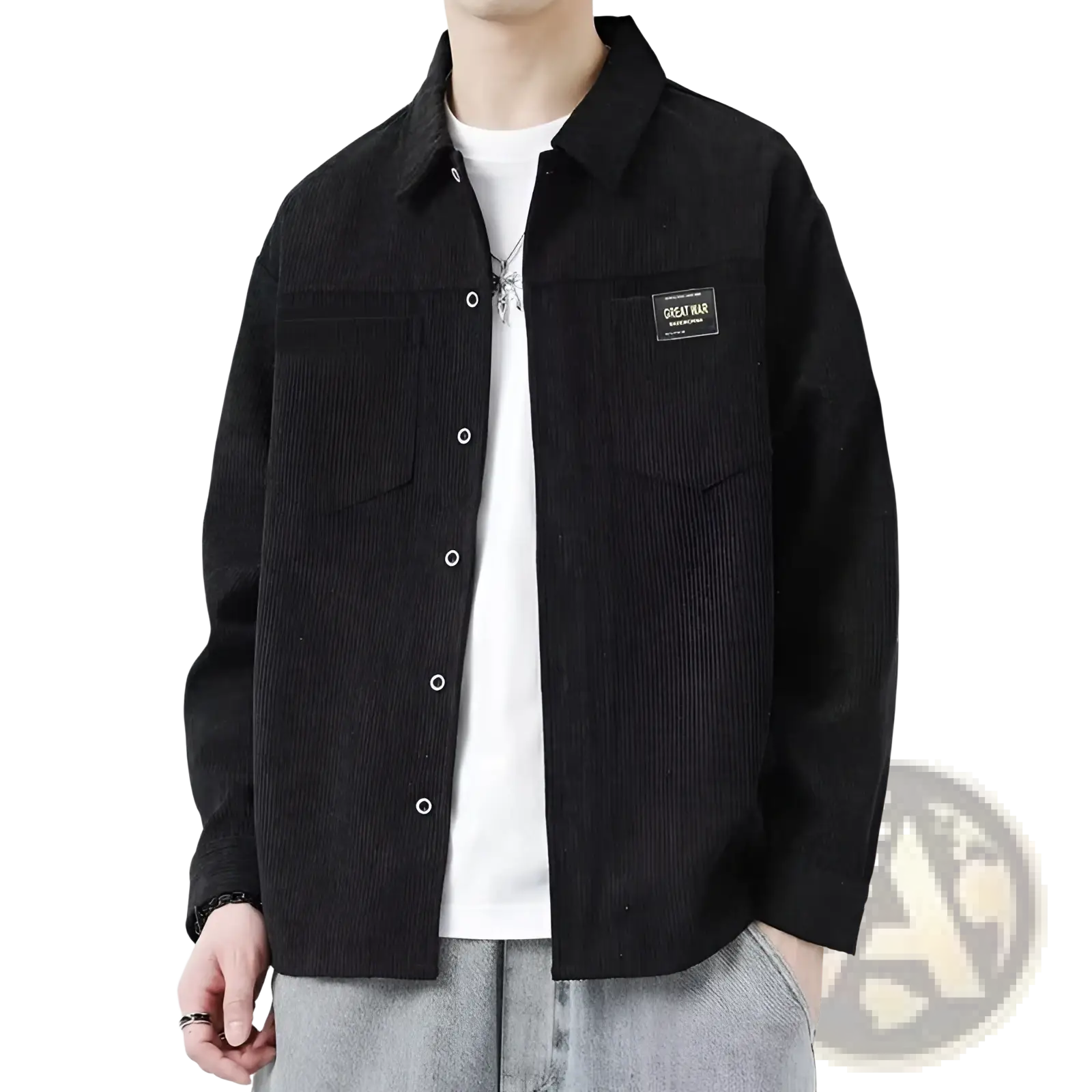 Men corduroy casual long sleeve shirt in black with white buttons and a great war patch on the left chest