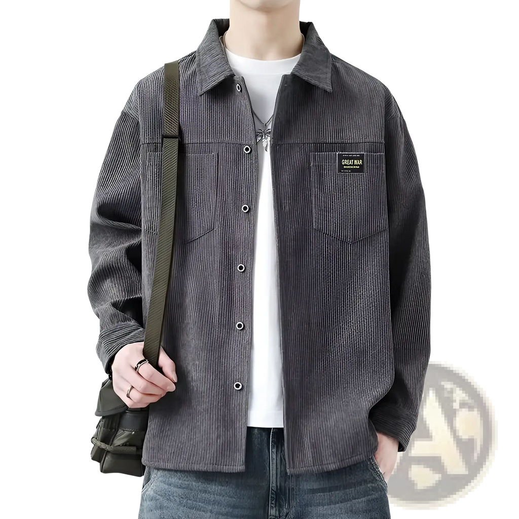 Men corduroy casual long sleeve shirt in dark gray with subtle vertical ribs and black chest pocket patch