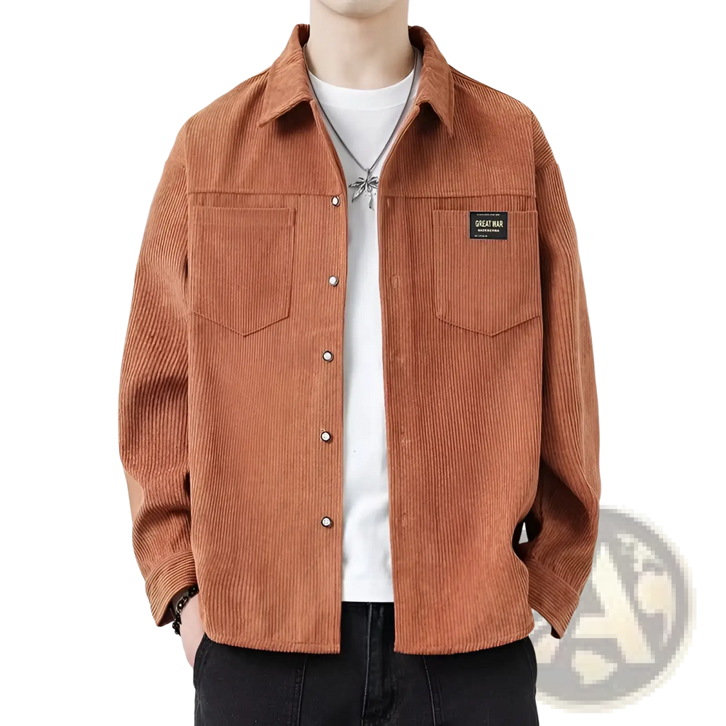 Men corduroy casual long sleeve shirt rust-colored with collar two chest pockets and black patch on left breast