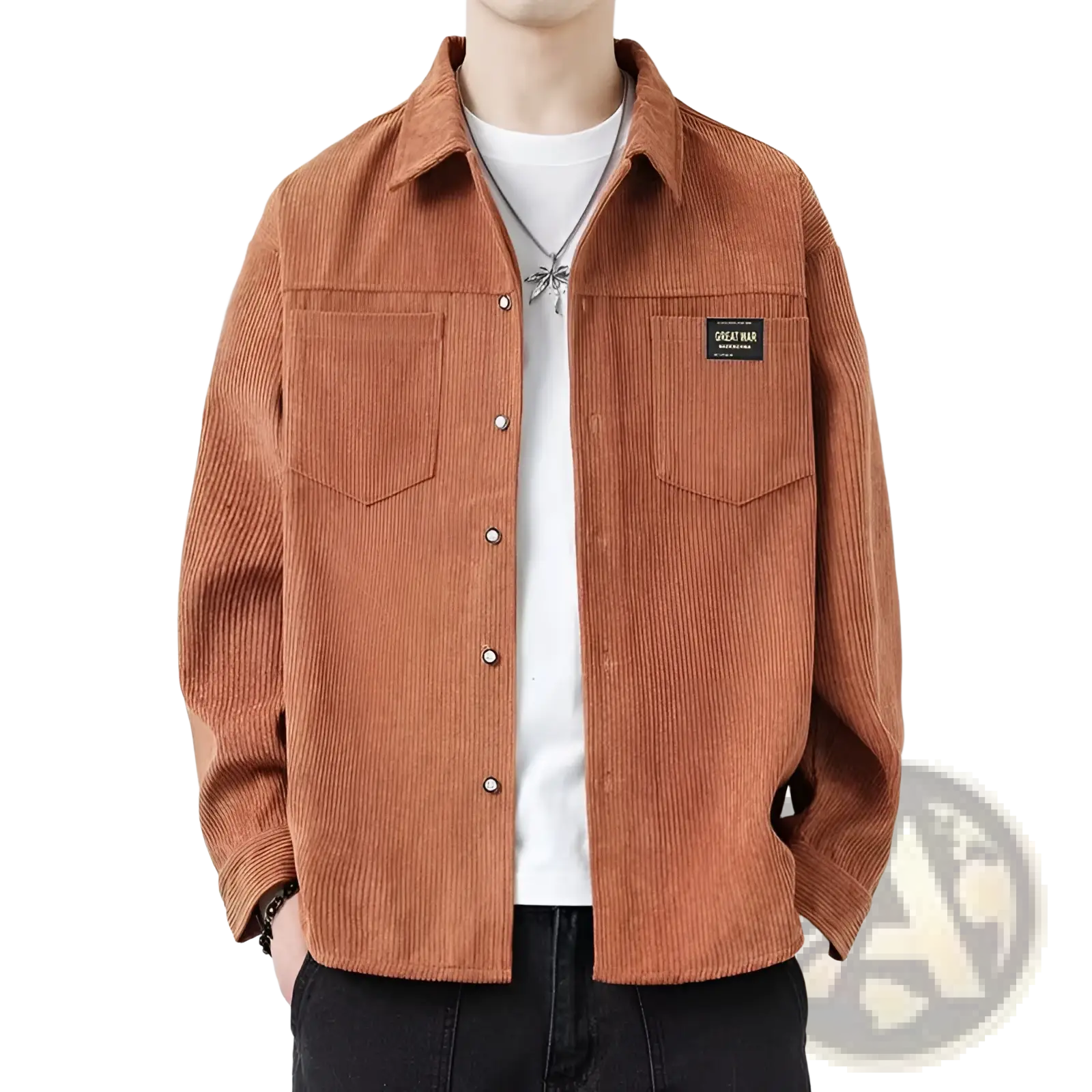 Men corduroy casual long sleeve shirt rust-colored with collar two chest pockets and black patch on left breast