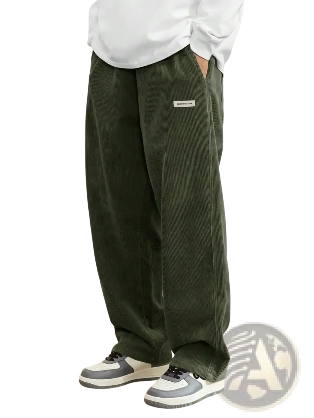 Men corduroy loose casual pants in olive green with a small white label on the left thigh made from corduroy fabric