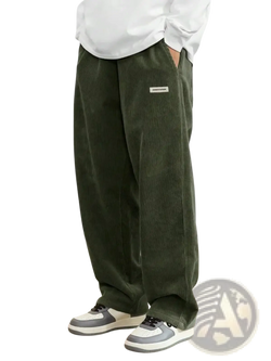 Men corduroy loose casual pants in olive green with a small white label on the left thigh made from corduroy fabric