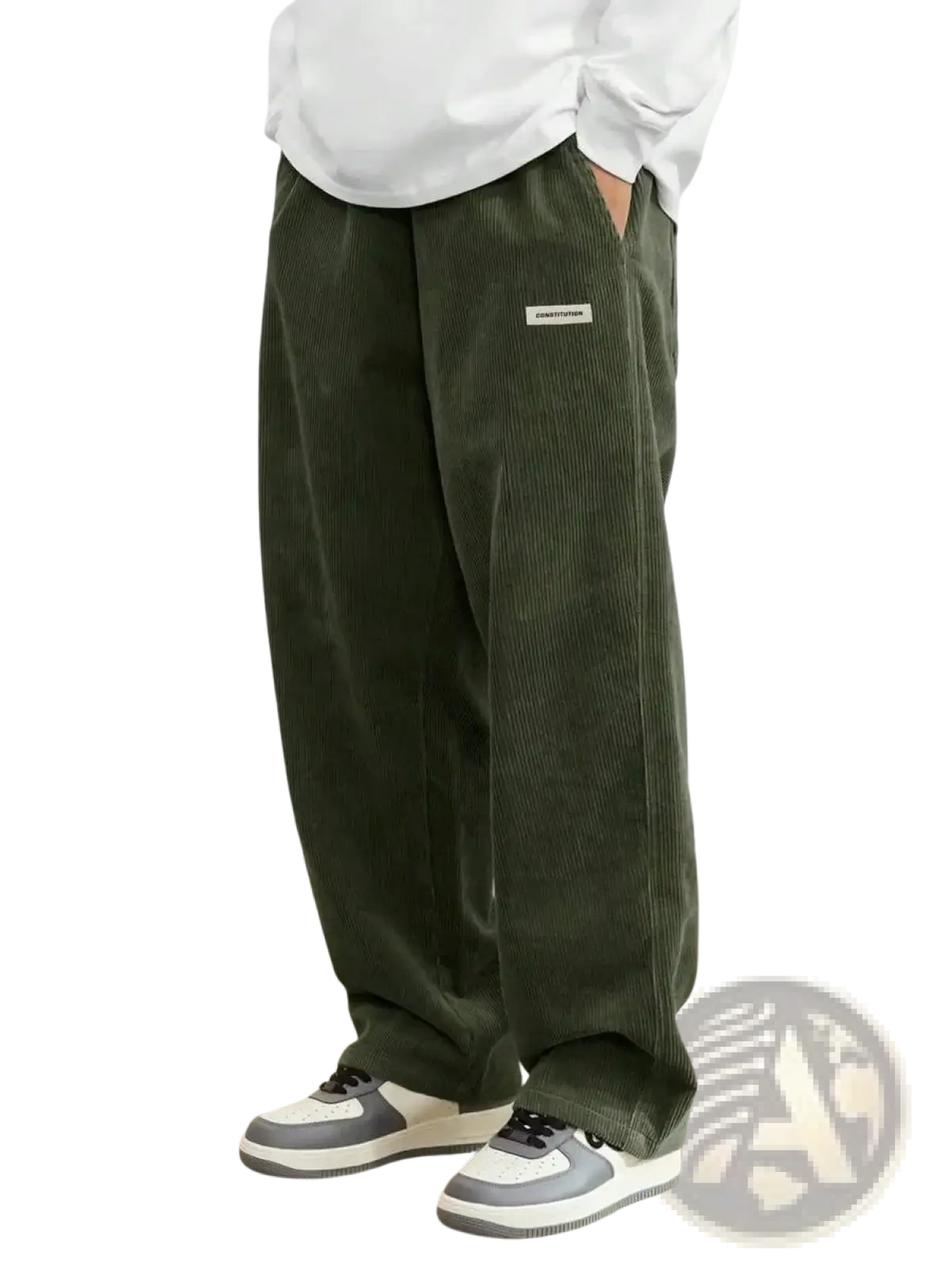 Men corduroy loose casual pants in olive green with a small white label on the left thigh made from corduroy fabric