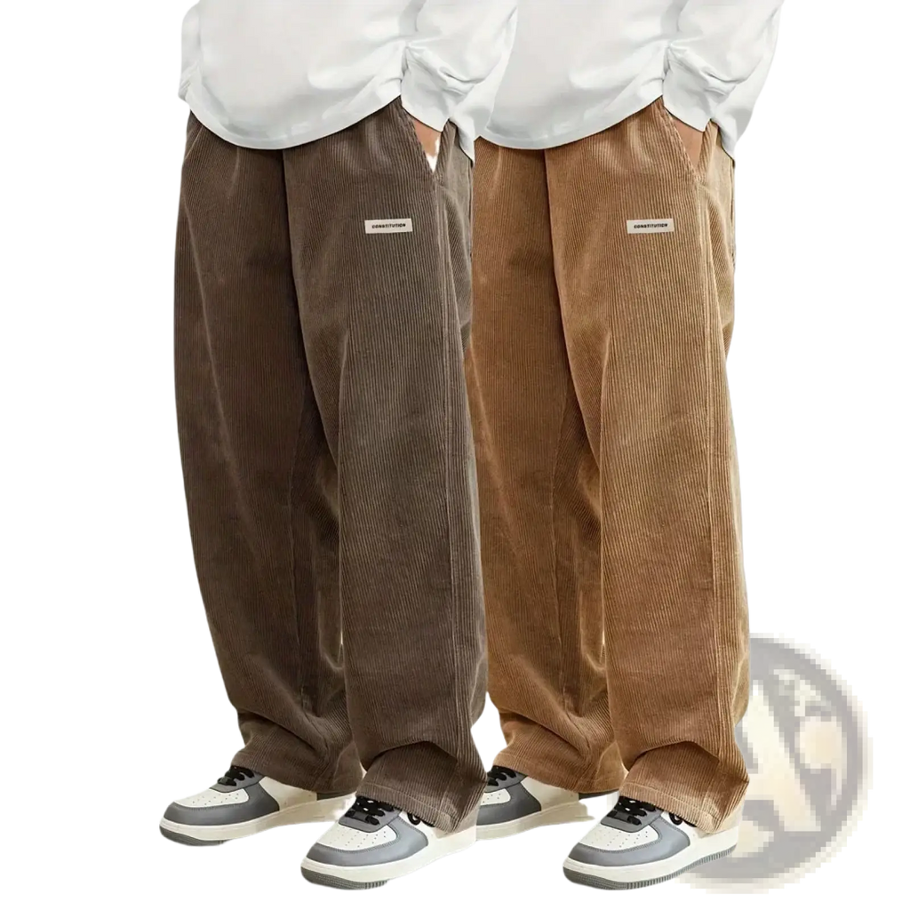 Men corduroy loose casual pants in brown with a relaxed wide-leg cut and subtle white label patches on the thigh