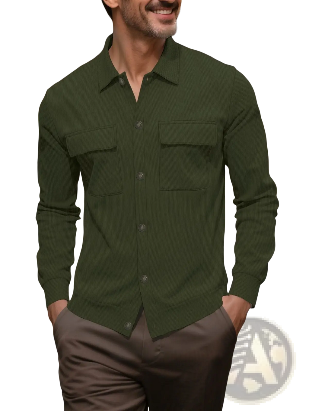 Men corduroy pinstripe shirt pocket coat in dark green with subtle vertical ribbing and two chest pockets