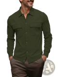 Men corduroy pinstripe shirt pocket coat in dark green with subtle vertical ribbing and two chest pockets