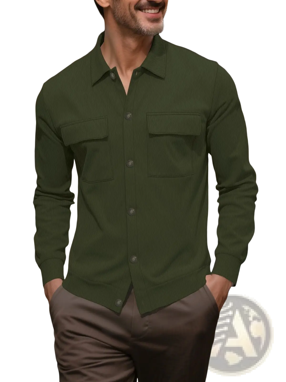 Men corduroy pinstripe shirt pocket coat in dark green with subtle vertical ribbing and two chest pockets