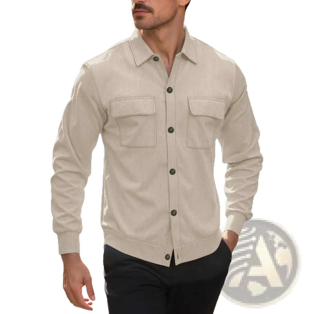 Beige corduroy pinstripe men button-up shirt with two chest pockets and dark buttons for casual wear