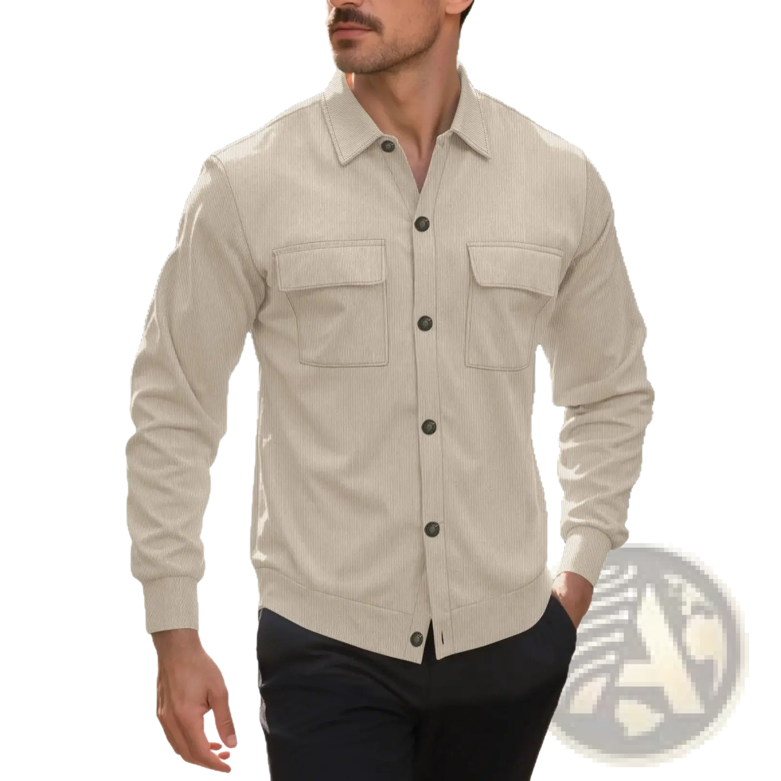 Beige corduroy pinstripe men button-up shirt with two chest pockets and dark buttons for casual wear