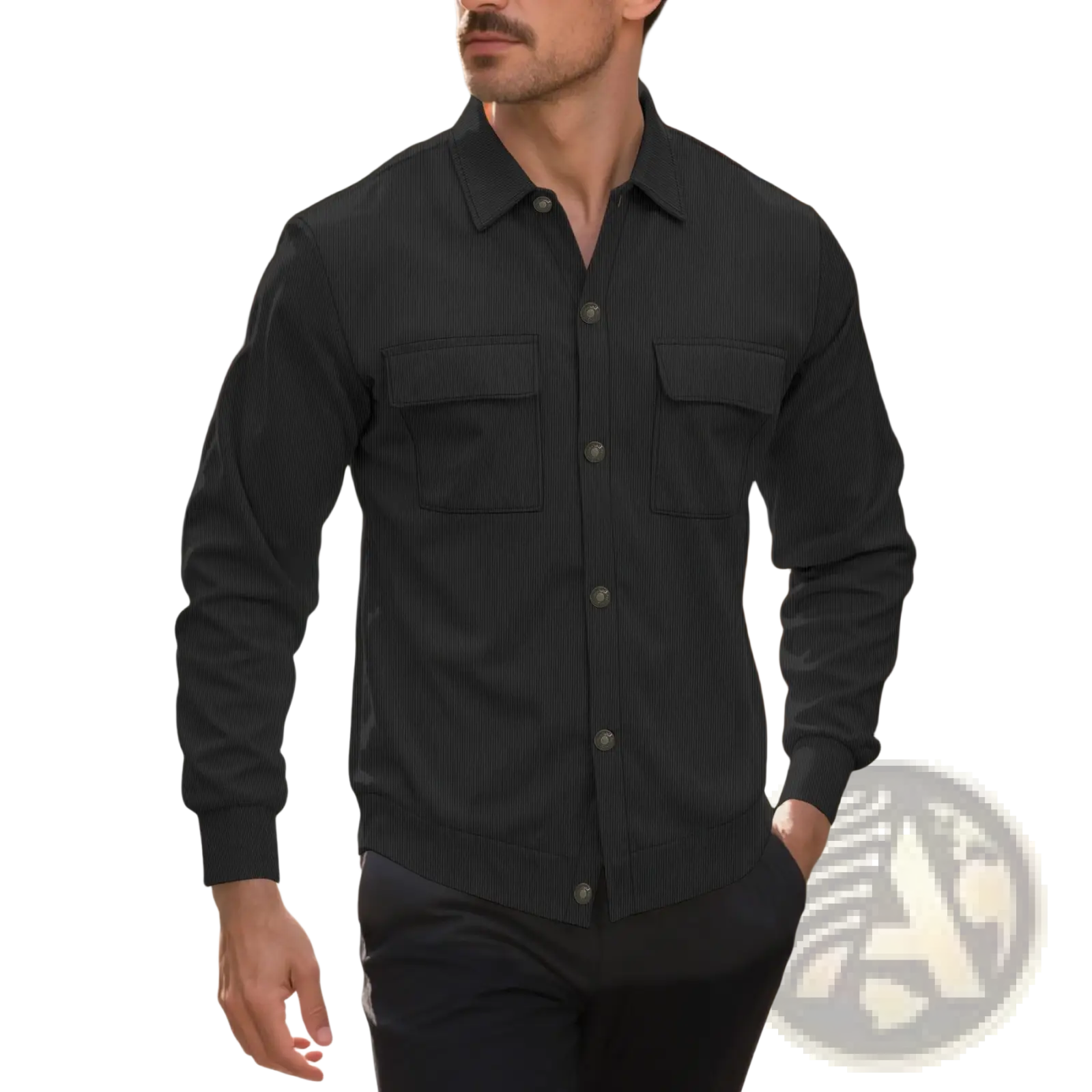 Men corduroy black pinstripe button-up shirt coat with two chest pockets for stylish casual wear